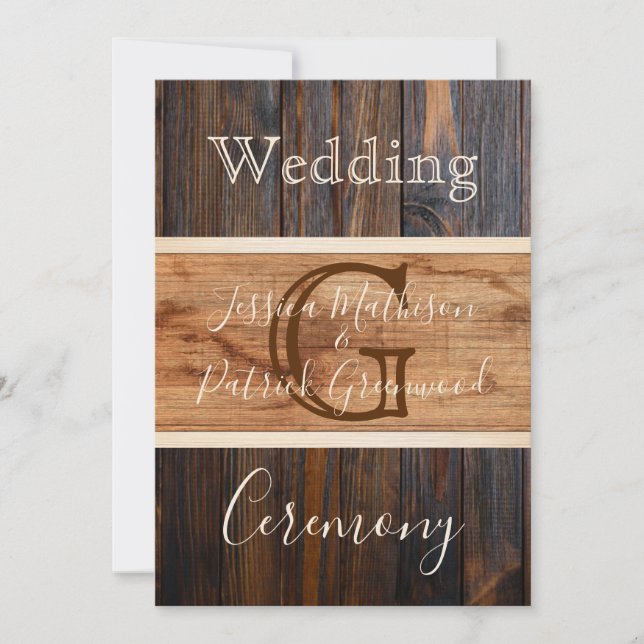 Rustic Wood Tone Monogram Wedding Invitation (Front)