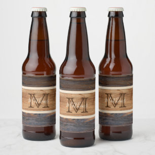 Rustic Wood Tone Stripe Monogram Beer Bottle Label