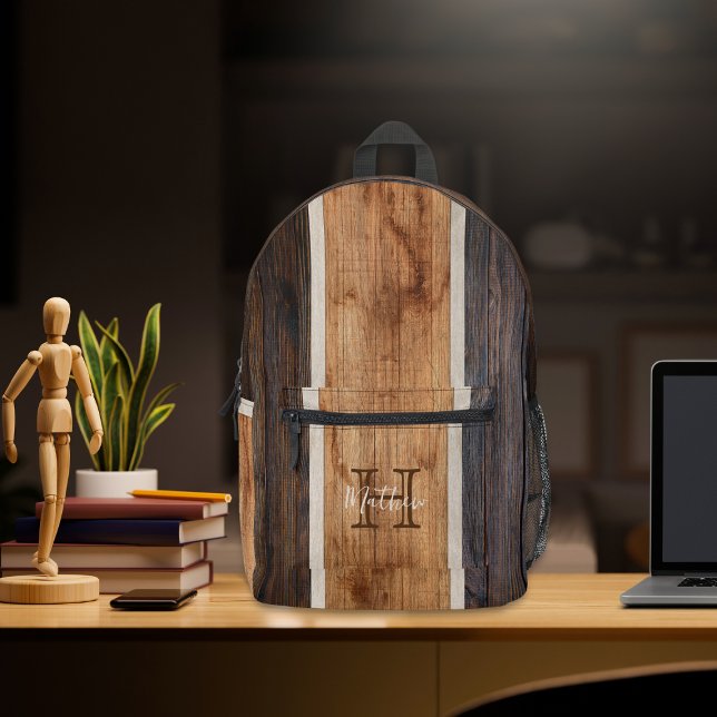Rustic Wood Tone Stripe Monogram Printed Backpack (Creator Uploaded)