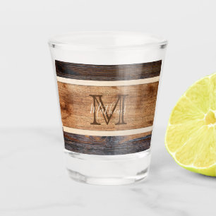 Rustic Wood Tone Stripe Monogram Shot Glass
