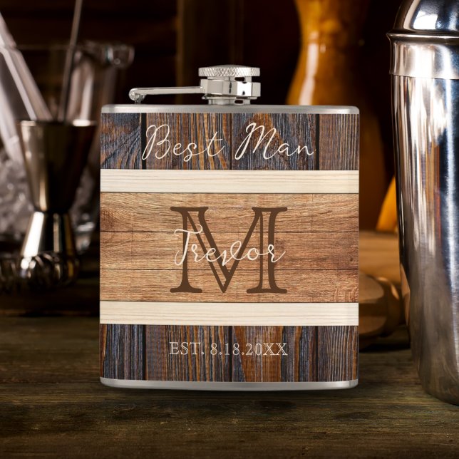 Rustic Wood Tone Wedding Best Man Hip Flask (Creator Uploaded)