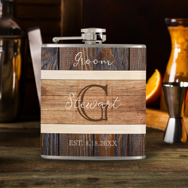 Rustic Wood Tone Wedding Groom Hip Flask (Creator Uploaded)