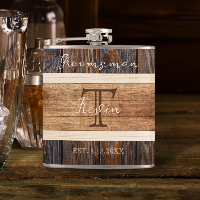 Rustic Wood Tone Wedding Groomsman Hip Flask (Creator Uploaded)