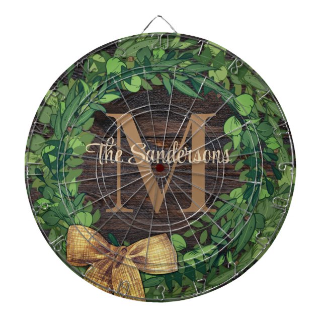 Rustic Wood Tone Wreath Monogram  Dartboard (Front)