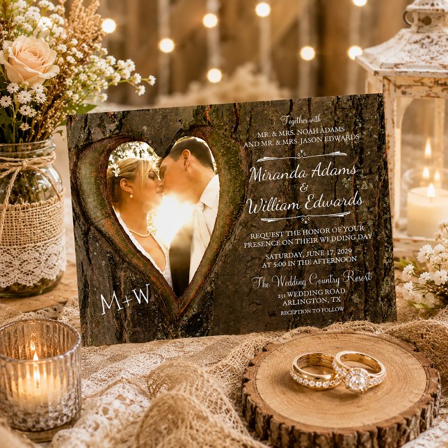 Rustic Wood Tree Heart Photo Wedding Invitation (Creator Uploaded)