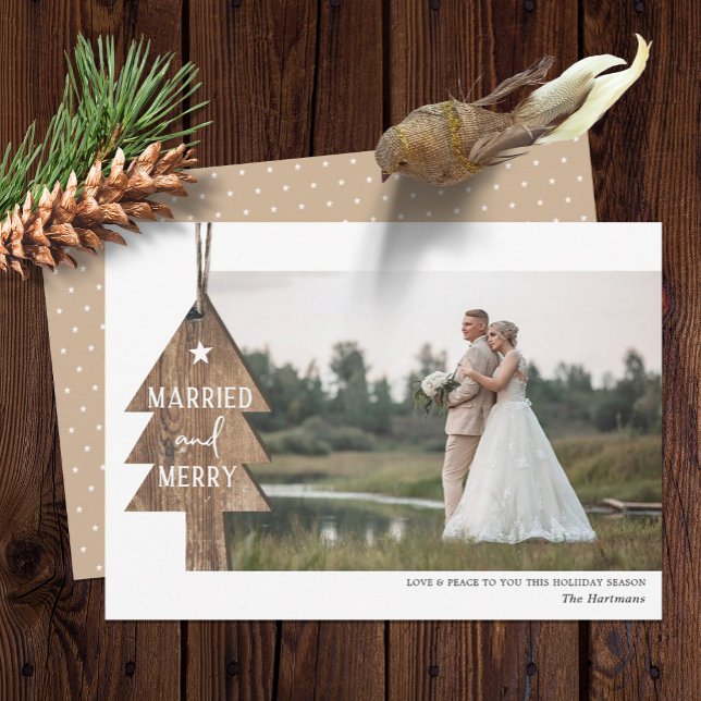 Rustic Wood Tree Ornament Married Christmas Photo Holiday Card (Creator Uploaded)