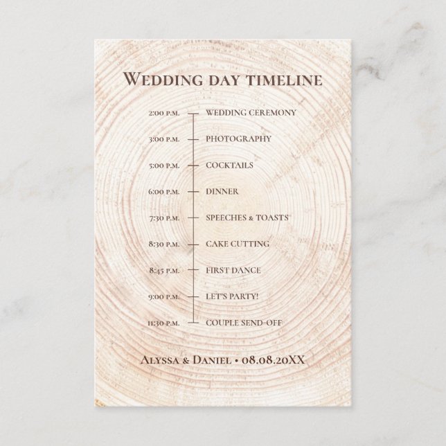 Rustic Wood tree slice Wedding day Timeline Enclosure Card (Front)