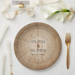 Rustic wood tree stump barn wedding paper plate