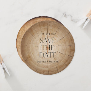 Rustic wood tree stump barn wedding save the date invitation