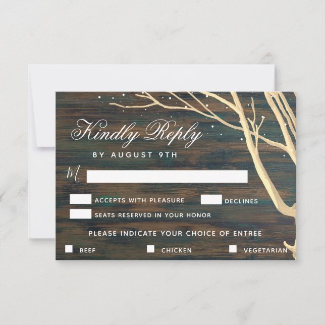 Rustic Wood Tree Wedding Menu Choice RSVP Card (Front)