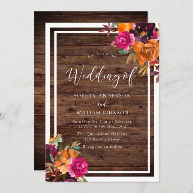 Rustic Wood Tropical Autumn Flowers Wedding Invitation (Front/Back)