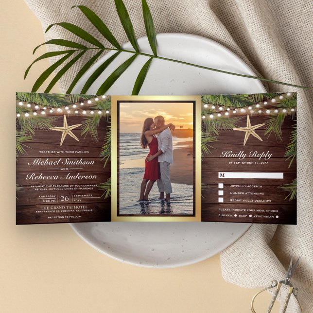 Rustic Wood Tropical Palm Leaves Starfish Wedding Tri-Fold Invitation (Creator Uploaded)