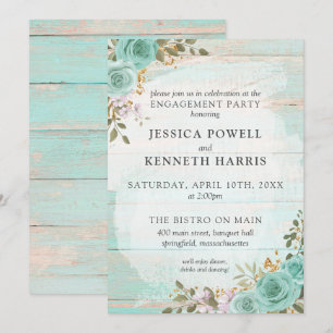 Rustic Wood Turquoise Floral Engagement Party Invitation