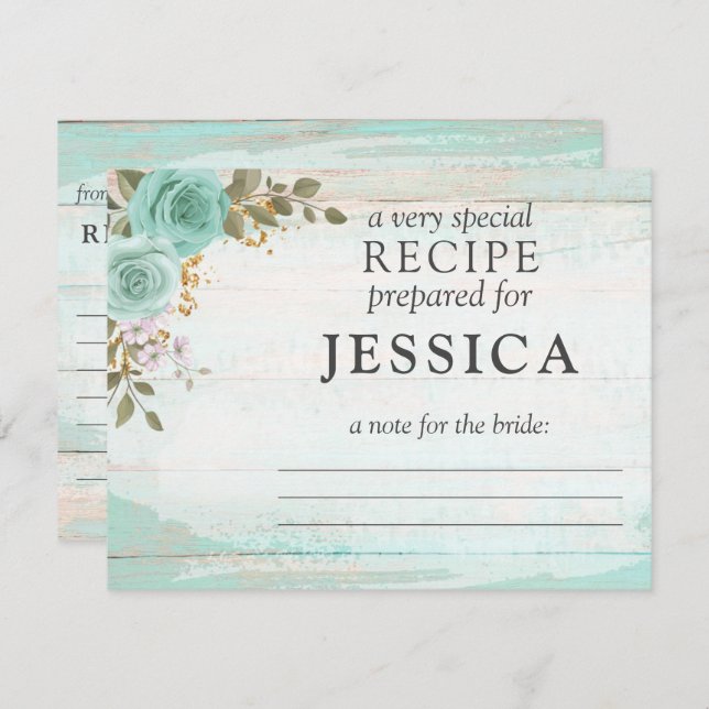 Rustic Wood Turquoise Floral Recipe Card For Bride (Front/Back)