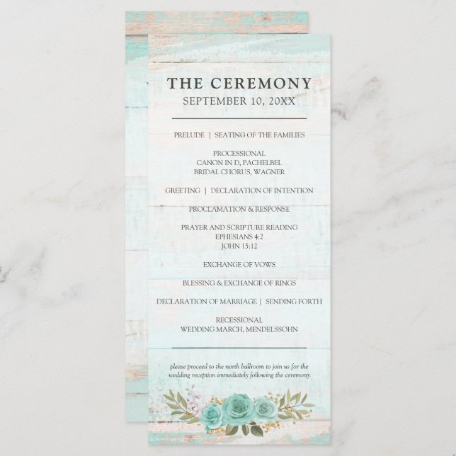 Rustic Wood Turquoise Floral Roses Wedding Program Programme (Front/Back)