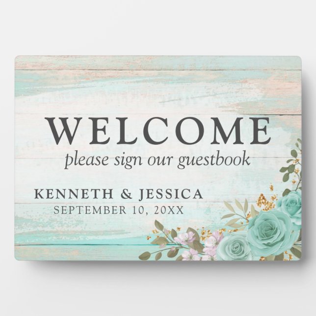 Rustic Wood Turquoise Floral Welcome Wedding Plaque (Front)
