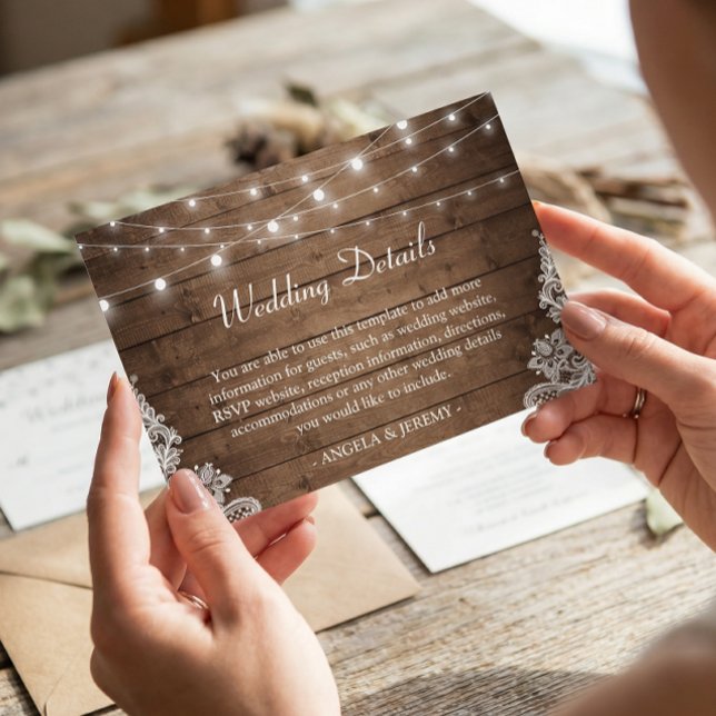 Rustic Wood Twinkle Lights Lace Wedding Details Enclosure Card (Creator Uploaded)