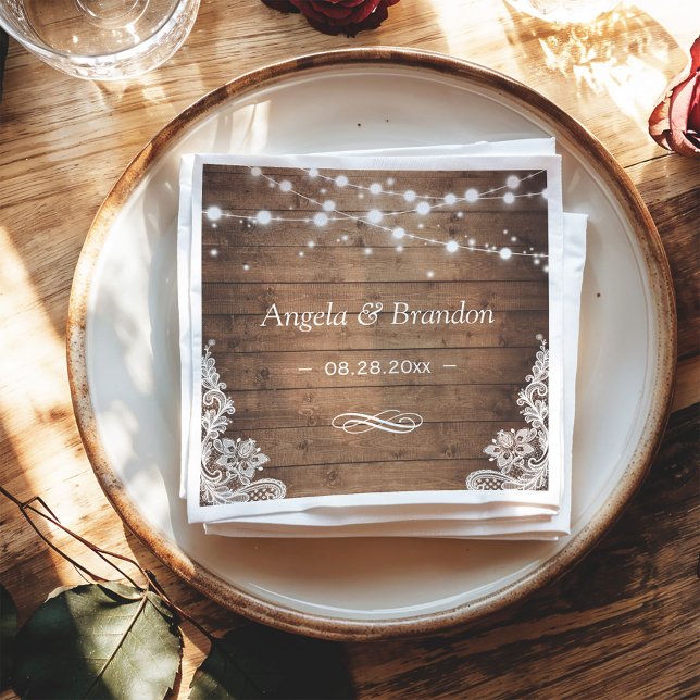 Rustic Wood Twinkle Lights Lace Wedding Napkin (Creator Uploaded)