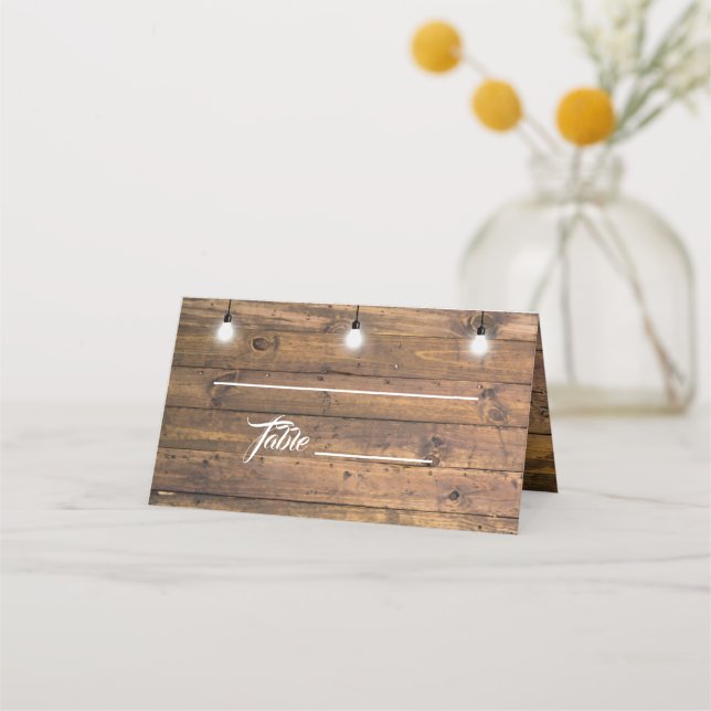 Rustic Wood Twinkle Lights Lace Wedding Place Card (Front)