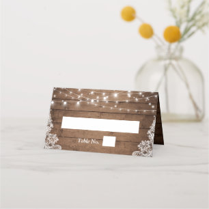 Rustic Wood Twinkle Lights Lace Wedding Place Card