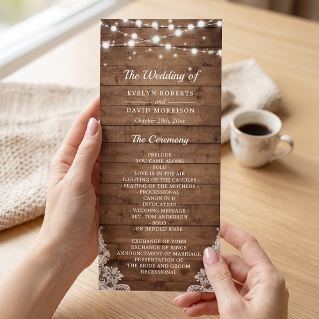 Rustic Wood Twinkle Lights Lace Wedding Program Programme (Creator Uploaded)