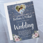 Rustic Wood Twinkle Lights Photo Floral Wedding  Invitation<br><div class="desc">This lovely watercolor Rustic Romantic Wood Twinkle Lights Photo Floral wedding invitation features a rustic slate blue wooden background with pink and white flowers, with just a touch of purple, highlighted by a photo of the bride and groom in the double heart. Touches of calligraphy are a perfect accompaniment to...</div>