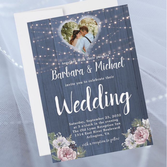 Rustic Wood Twinkle Lights Photo Floral Wedding  Invitation (Creator Uploaded)