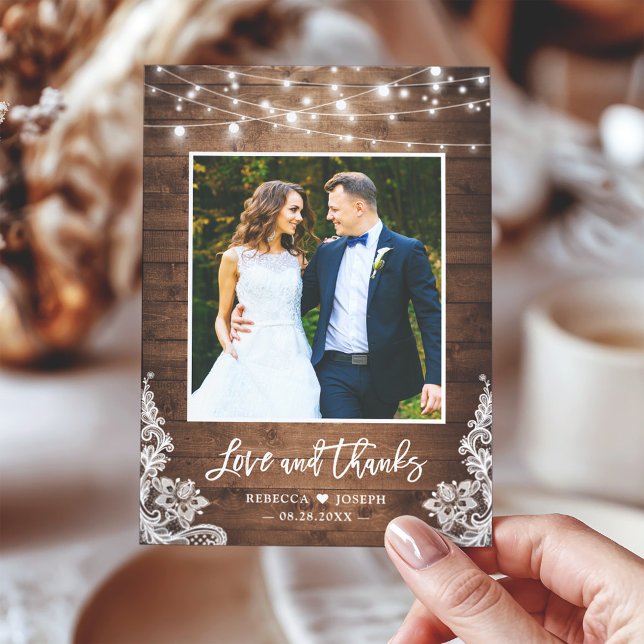 Rustic Wood Twinkle Lights Wedding Photo Thank You (Creator Uploaded)