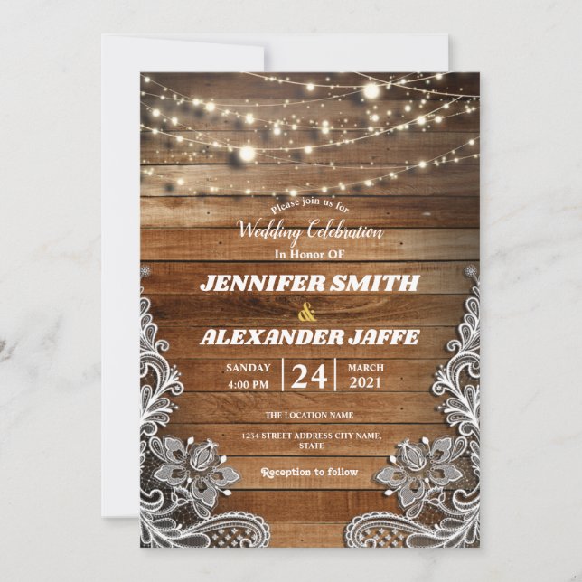 Rustic Wood Twinkle String Lights Lace Wedding Inv Announcement (Front)