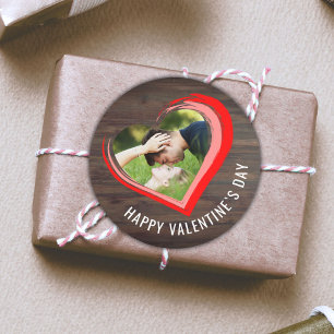 Rustic Wood Two Hearts Photo Happy Valentine`s Day Classic Round Sticker