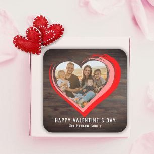 Rustic Wood Two Hearts Photo Happy Valentine`s Day Square Sticker