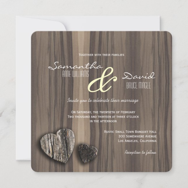 Rustic Wood Two Hearts Wedding Invitation (Front)