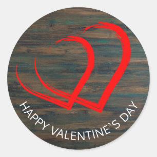 Rustic Wood Valentine`s Day Two Red Heart Classic Round Sticker