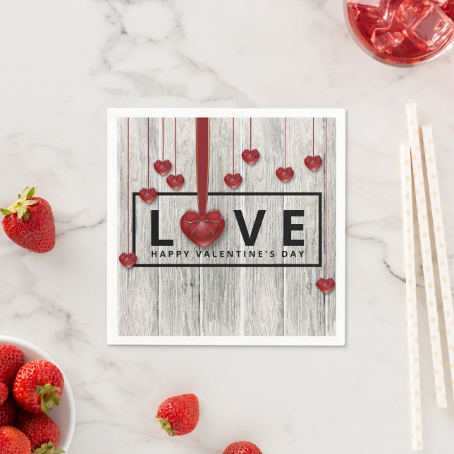 Rustic Wood Valentine's Day LOVE Modern Red Hearts Napkin (Insitu)