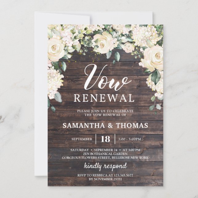 Rustic wood vintage greenery white rose vow invitation (Front)