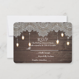 Rustic Wood & Vintage Lace & Lights Elegant RSVP Card