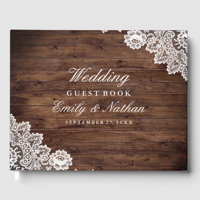 Rustic Wood Vintage Lace Wedding Guest Book (Front)
