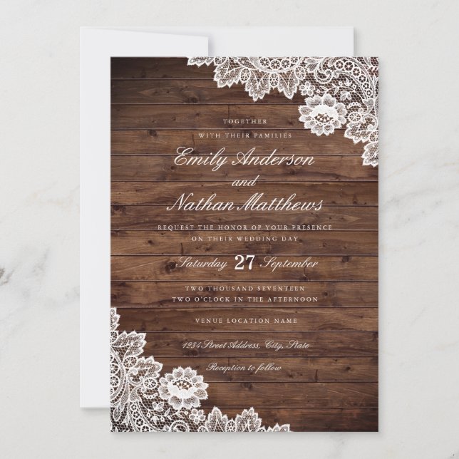 Rustic Wood Vintage Lace Wedding Invitation (Front)