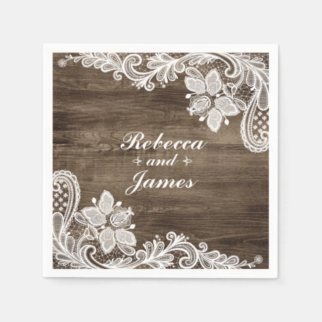 Rustic Wood & Vintage Lace Wedding Personalised Napkin (Front)