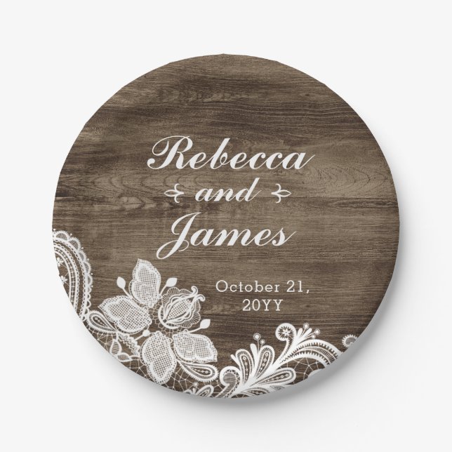Rustic Wood & Vintage Lace Wedding Personalised Paper Plate (Front)