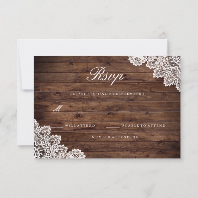 Rustic Wood Vintage Lace Wedding RSVP Card (Front)