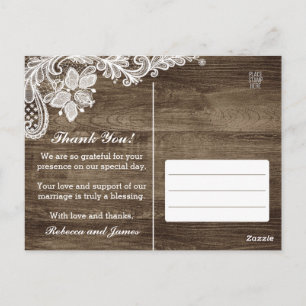 Rustic Wood & Vintage Lace Wedding Thank You Postcard