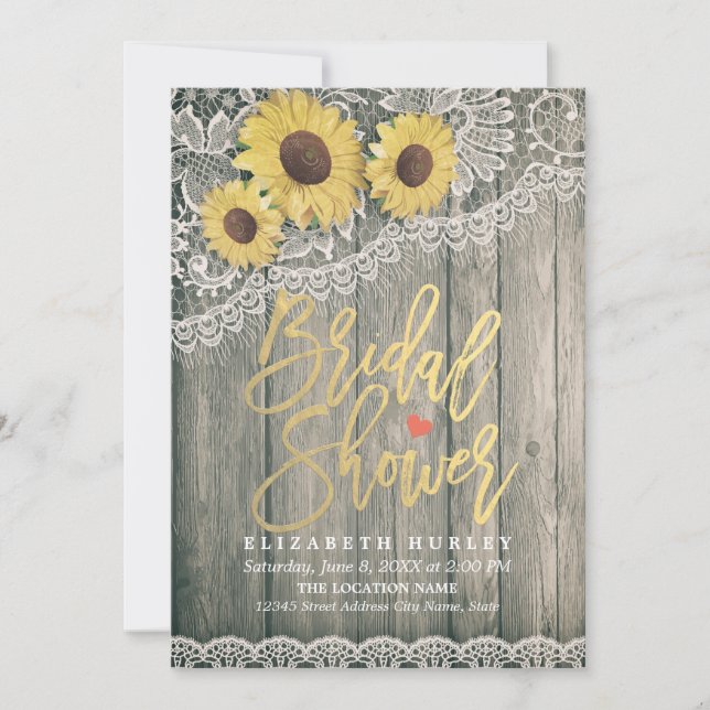 Rustic Wood Vintage Sunflowers Lace Bridal Shower Invitation (Front)