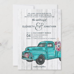 Rustic Wood Vintage Teal Truck Boho Wedding Invitation