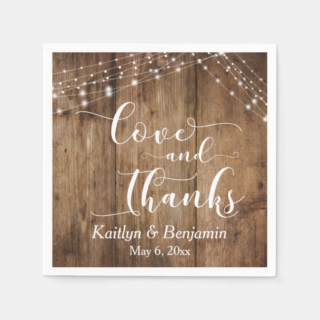 Rustic Wood w/ White Lights, Love and Thanks Napkin (Front)