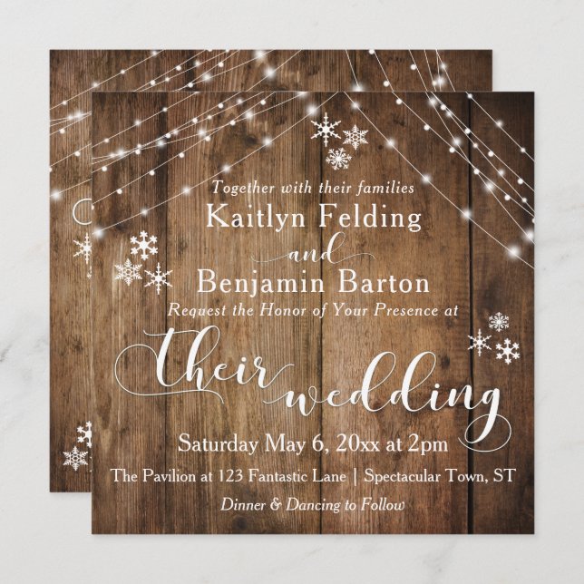 Rustic Wood w/ White Lights & Snowflakes Wedding Invitation (Front/Back)