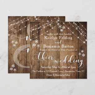 Rustic Wood w/ White Lights & Snowflakes Wedding Invitation