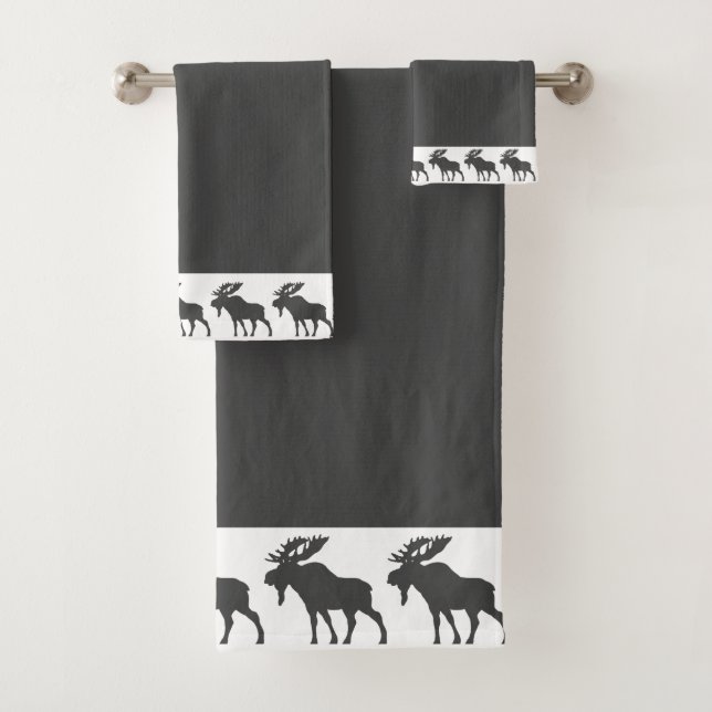 Rustic Wood Walking Moose Charcoal Grey  Bath Towel Set (Insitu)