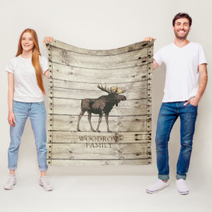 Rustic Wood Walking Moose Family Name Fleece Blanket