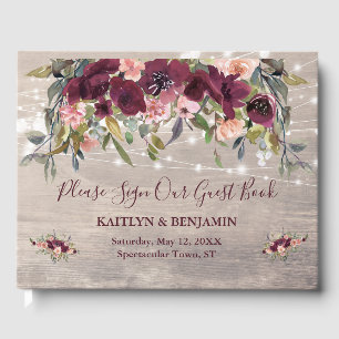Rustic Wood Watercolor Floral Lights Wedding Guest Book
